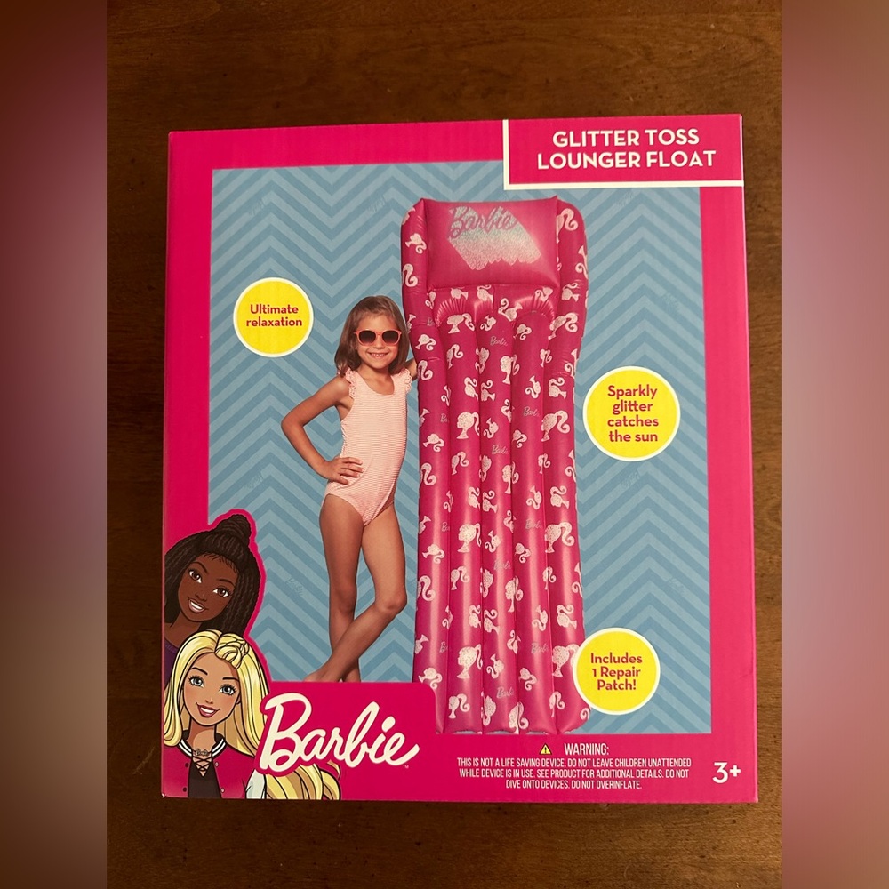 Barbie inflatable glitter toss lounger float for lake, beach, pool